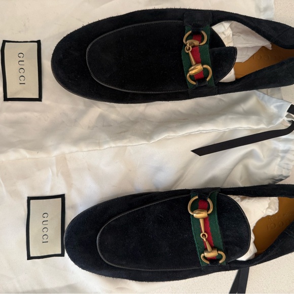 Like New Gucci Black Suede Loafers with Gold and Green Detail - Picture 1 of 2